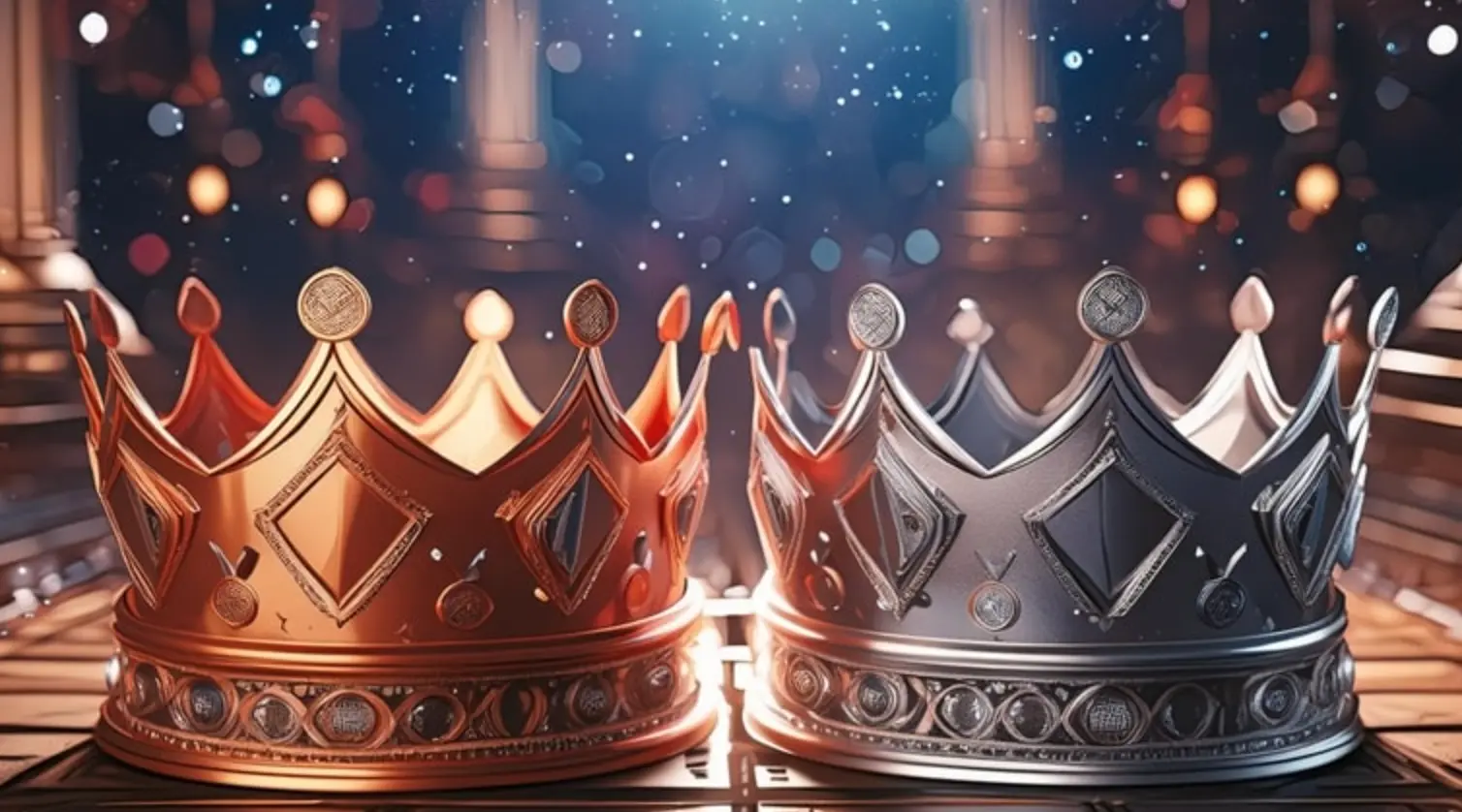 Stříbrný a bronzový jackpot — dvě koruny. Bronzová a stříbrná koruna vedle sebe v záři světel — symbol stříbrného a bronzového jackpotu.